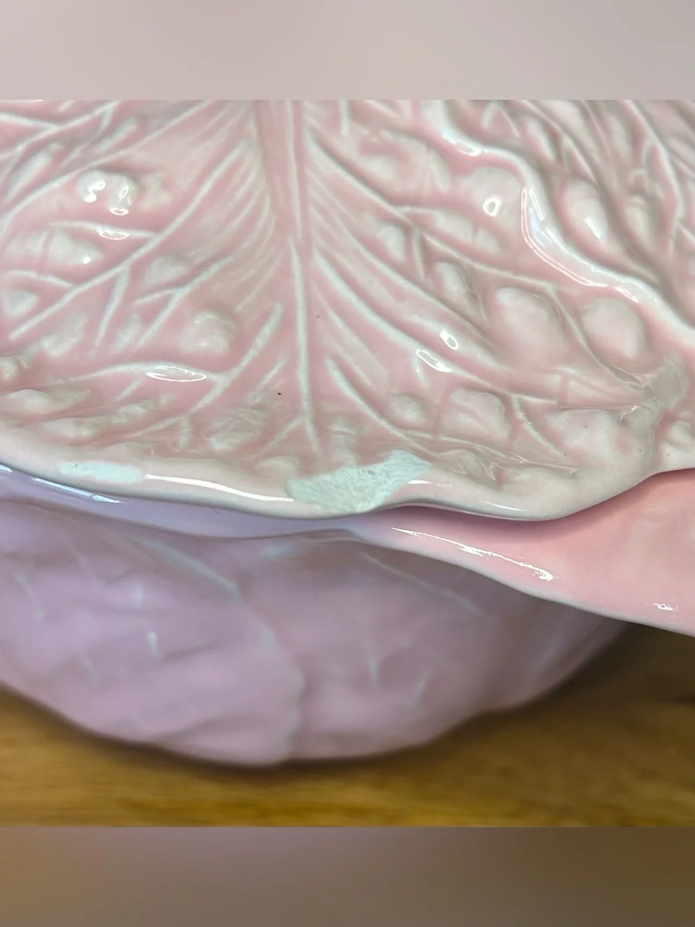 Vintage Pink Cabbage Leaf Casserole Dish with Gold Stand | MCM Miramar Californi